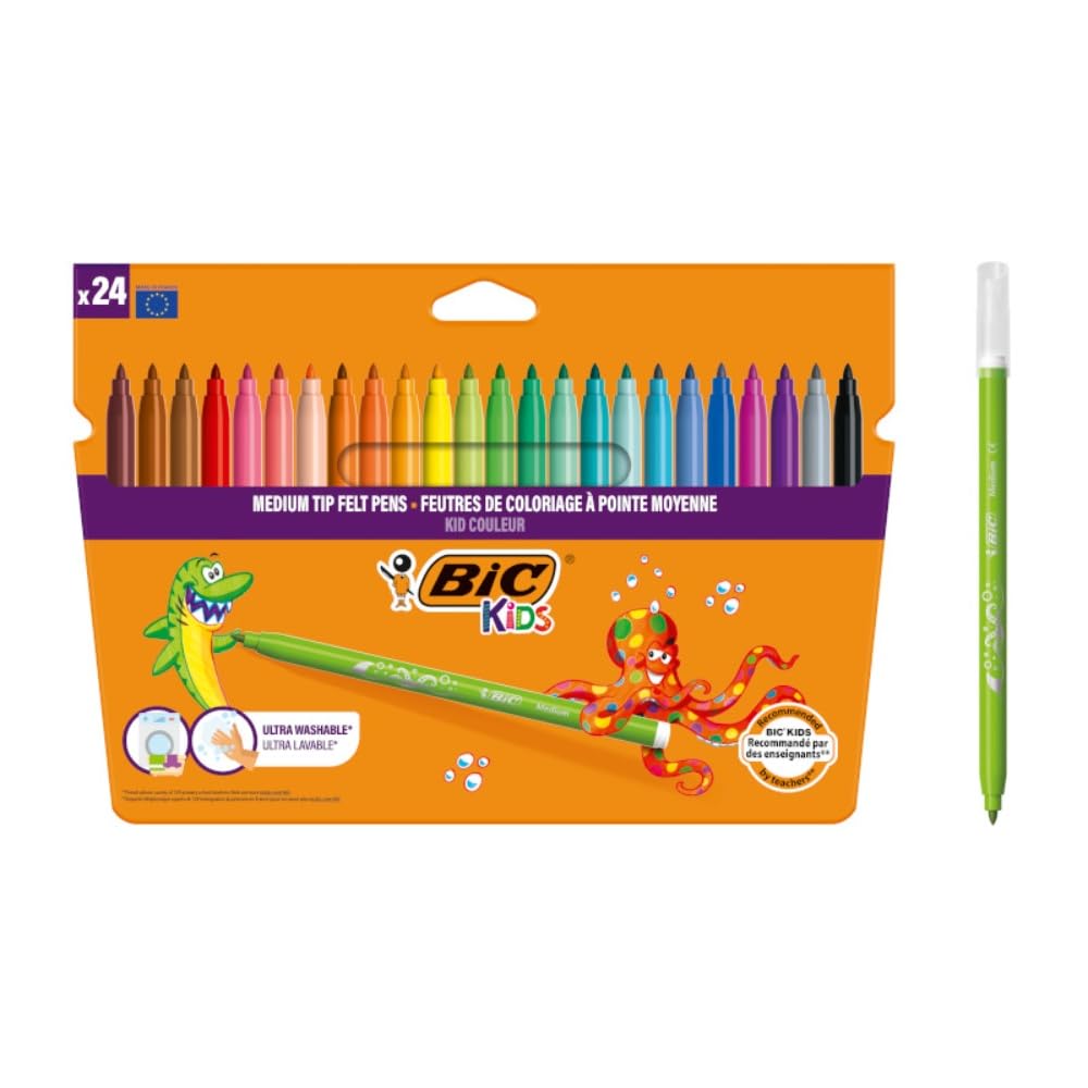 BIC Kid Couleur Felt Tip Pens – Medium Assorted 841800, 24-Pack