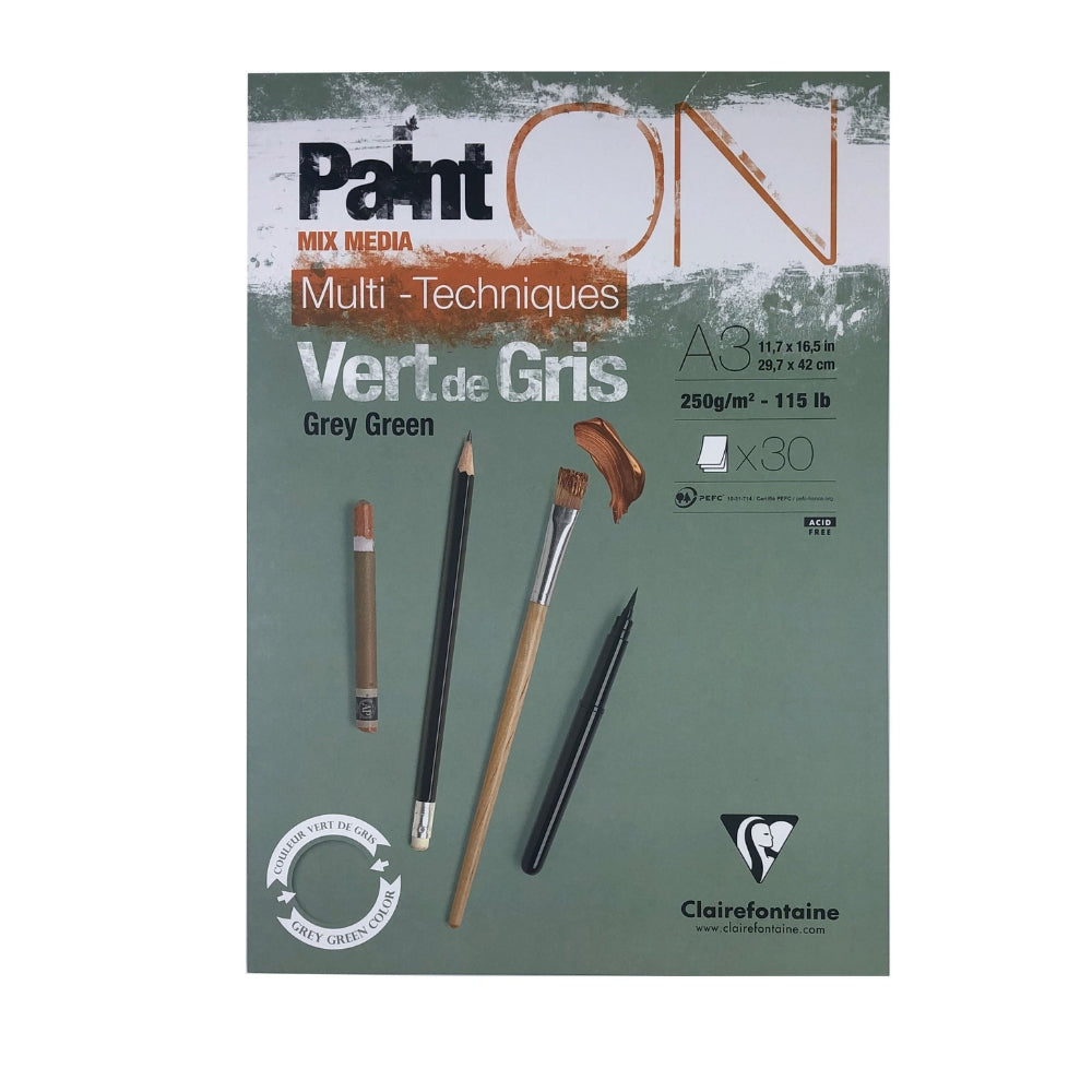 Clairefontaine Paint’On Green Grey Pad – 250gsm Multi-Technique Artist Paper, 40 Sheets