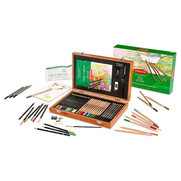 Derwent Academy Wooden Art – 35-Piece Gift Box with Pencils, Pastels & Accessories