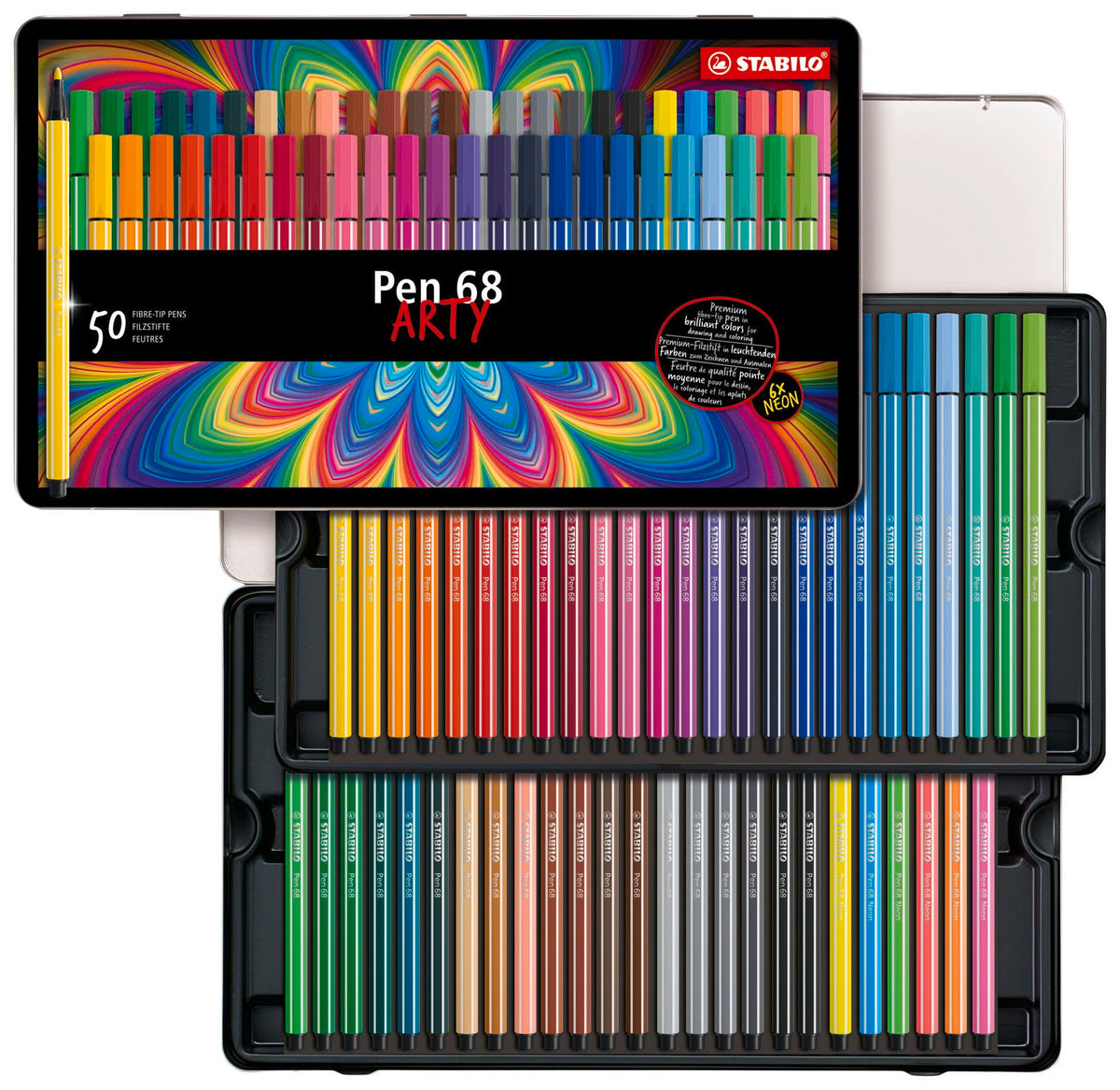 STABILO Pen 68 - Premium Fibre-Tip Pen - ARTY - Tin of 50 - Assorted Colours