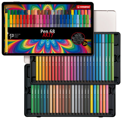 STABILO Pen 68 - Premium Fibre-Tip Pen - ARTY - Tin of 50 - Assorted Colours