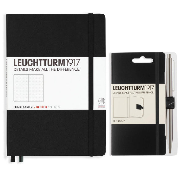 Leuchtturm1917 Hardcover A5 Medium | Dotted Notebook | Black with Matching Pen Loop