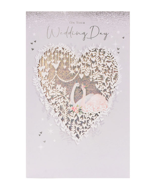 UK Greetings Wedding Card “Swan Design” – Elegant Laser-Cut Silver Foil