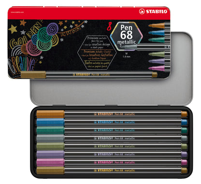 STABILO Pen 68 Metallic 6808/8 Tin – Premium Assorted Metallic Felt-Tip Pens