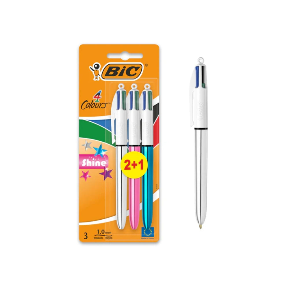 BIC 4 Colours Shine Metallic Retractable Pen Pack (Silver, Pink, Blue)