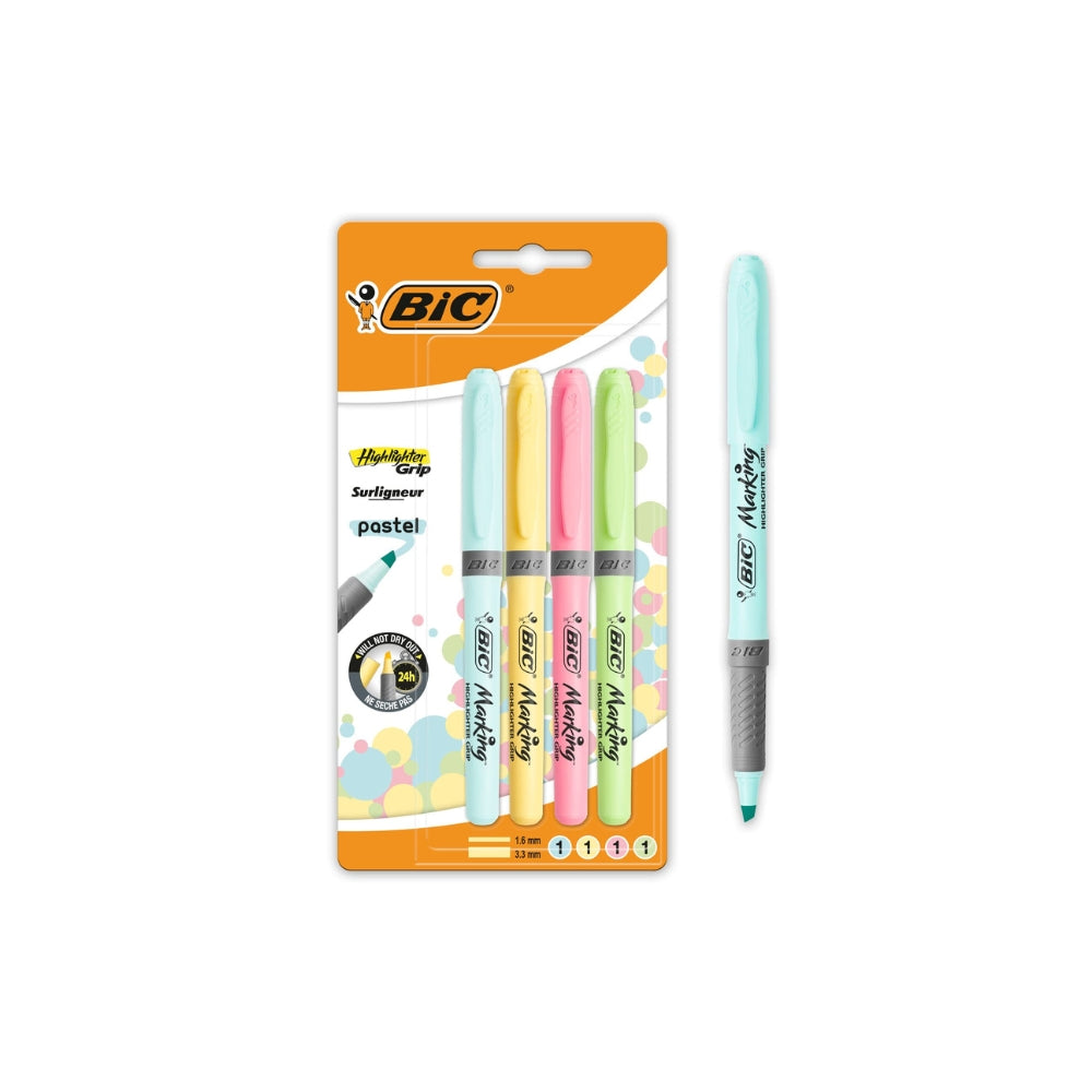 BIC Highlighter Grip Pastel 4-Pack – Soft Assorted Shades with Ribbed Rubber Grip