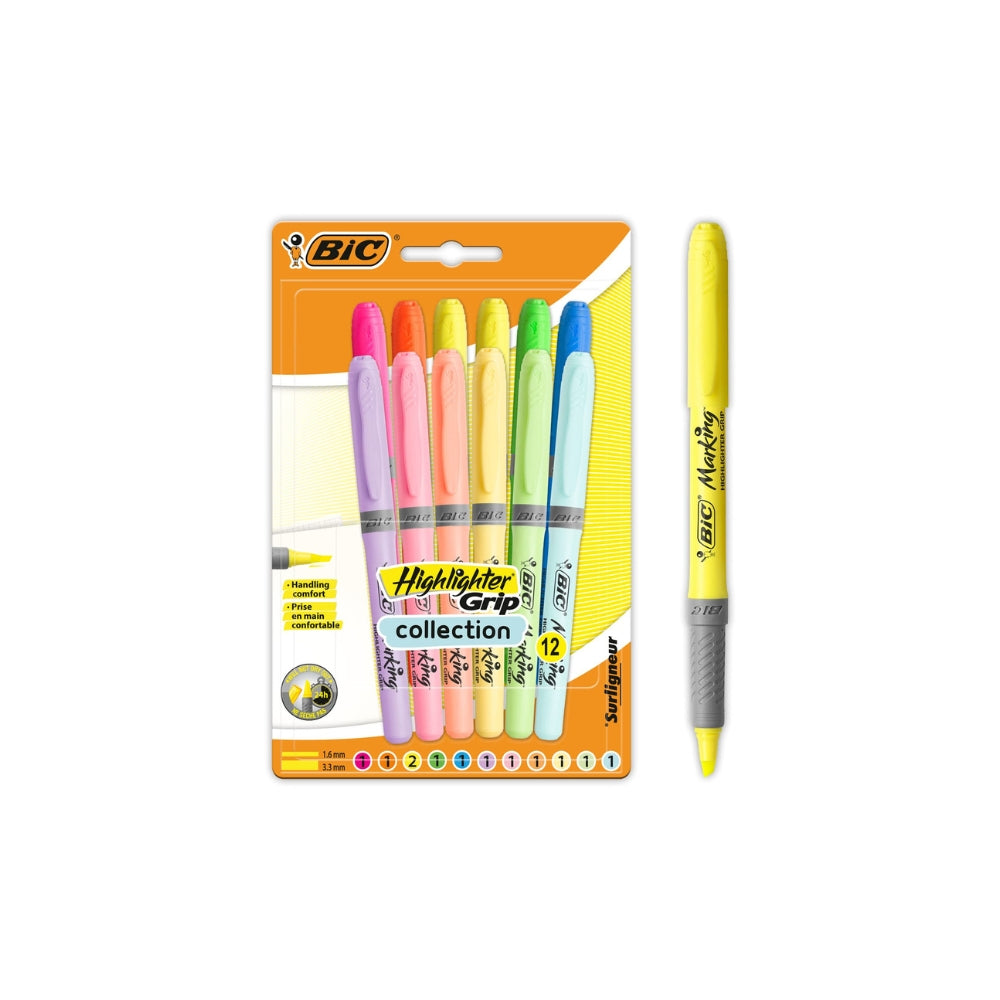 BIC Highlighter Grip 992562 – Intense & Pastel (Pack 12) with Ribbed Rubber Grip