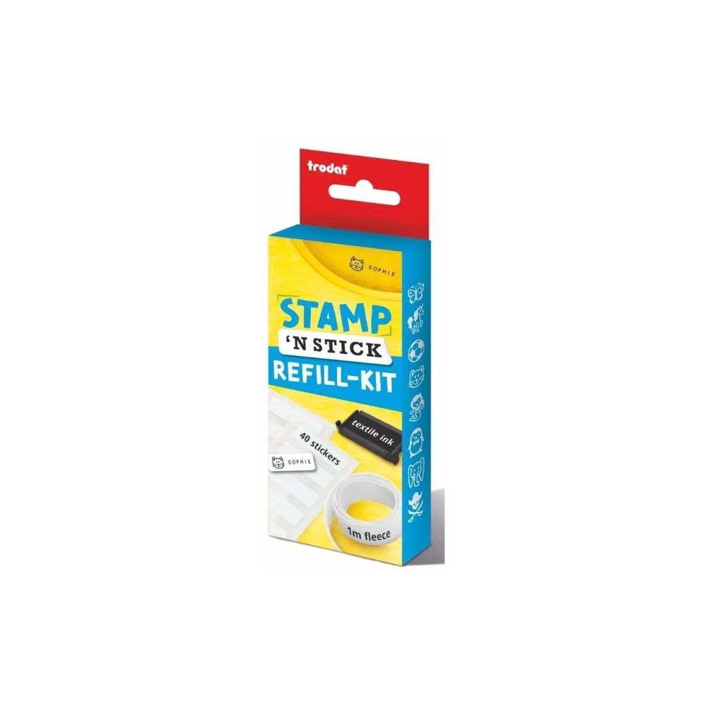 Trodat Stamp ’N’ Stick Refill Kit — Medium Multi-colour | Iron-On Fleece, 40 Stickers & Black Textile Ink Pad